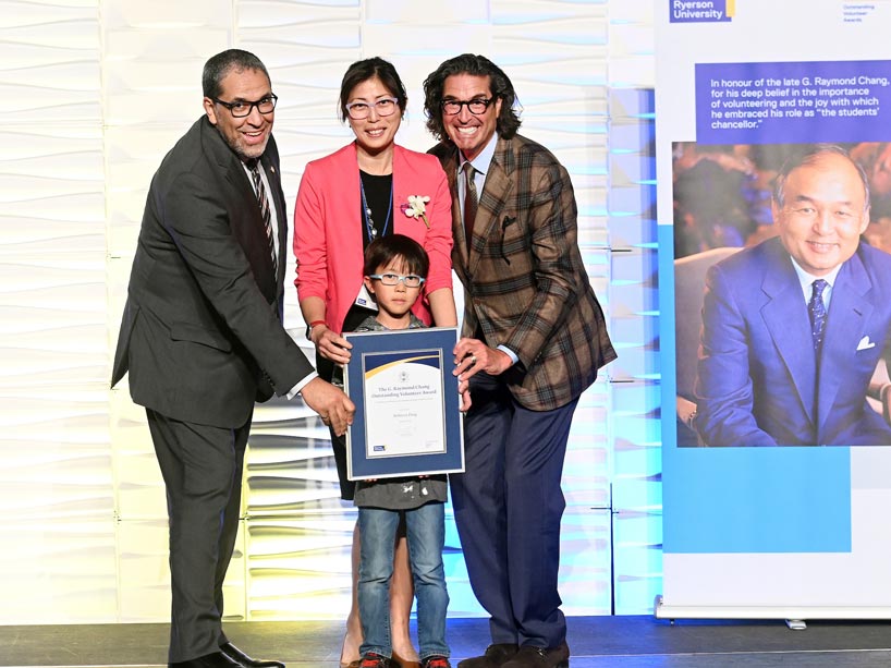 Mentor and TRSM Dean’s Advisory Council member Rebecca Pang (and son), centre, with President Lachemi and Ian Mishkel.