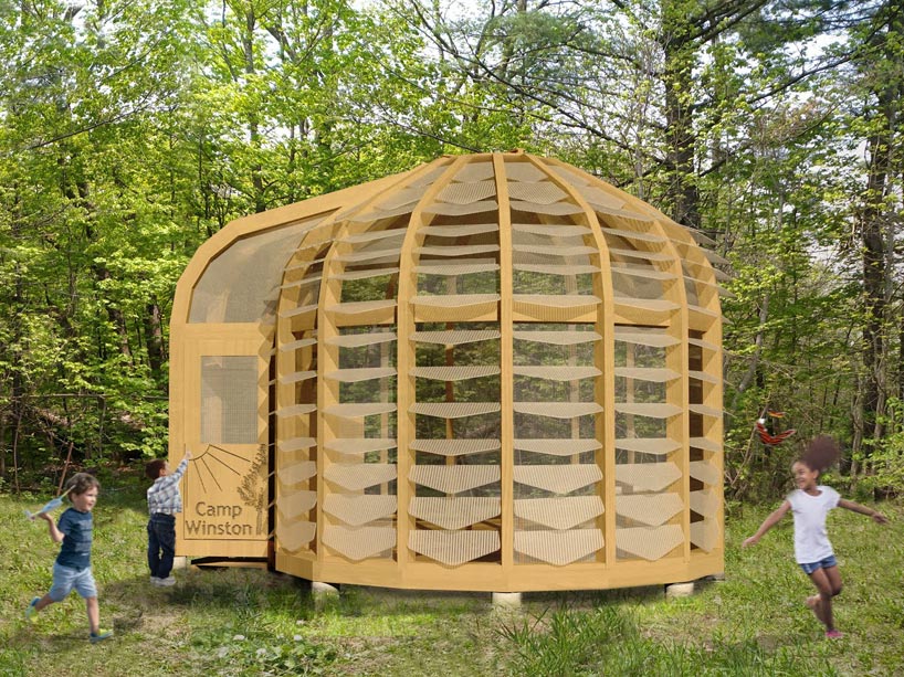 Rendering of a wooden building in a grassy field with children running around it