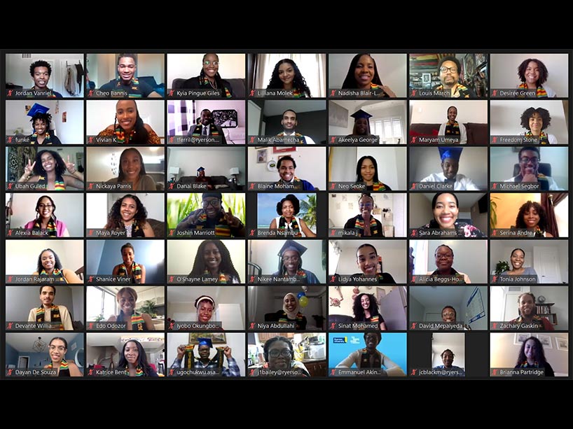 A composite of students on Zoom for their graduation celebration.