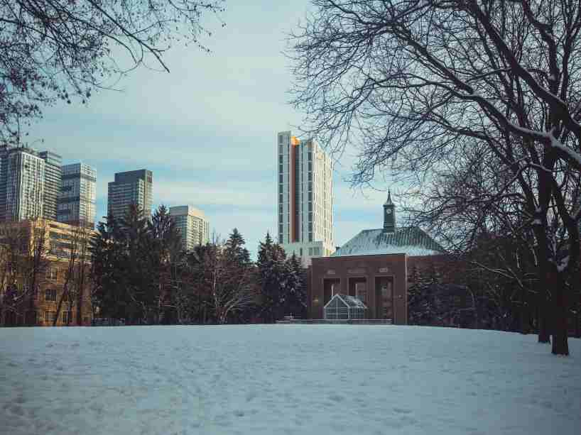 The university quad under a blanket of snow