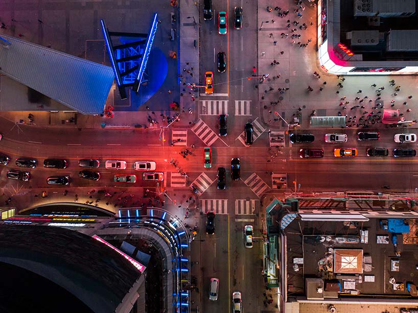 An overhead view of Yonge and Dundas square in Toronto.