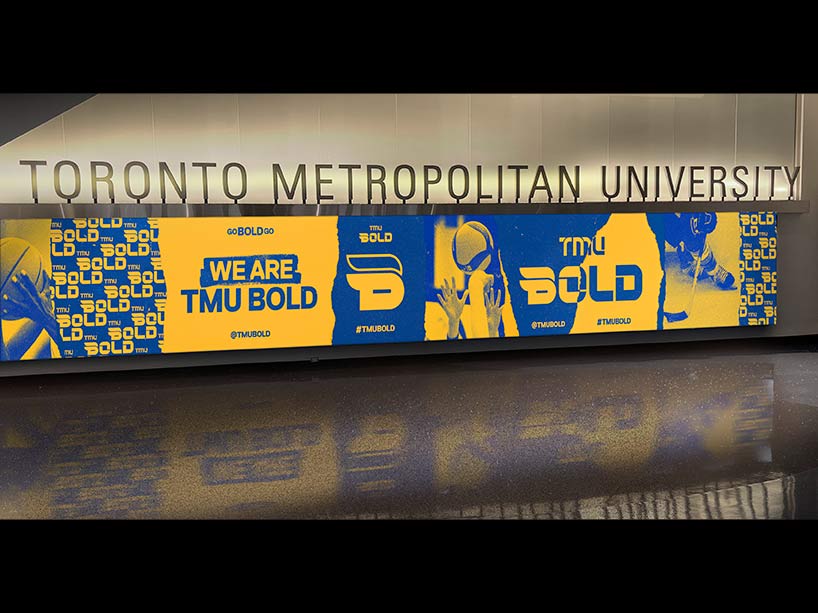 A mock-up of how the TMU Bold logo will be used around the Mattamy Athletic Centre.