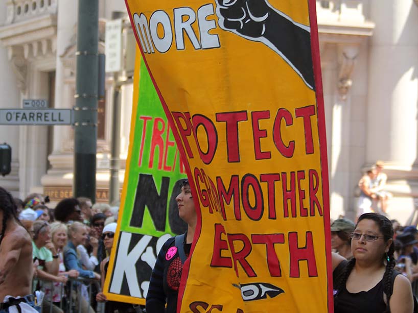 Indigenous protester with sign reading ‘Idle No More’ and ‘Protect Mother Earth’