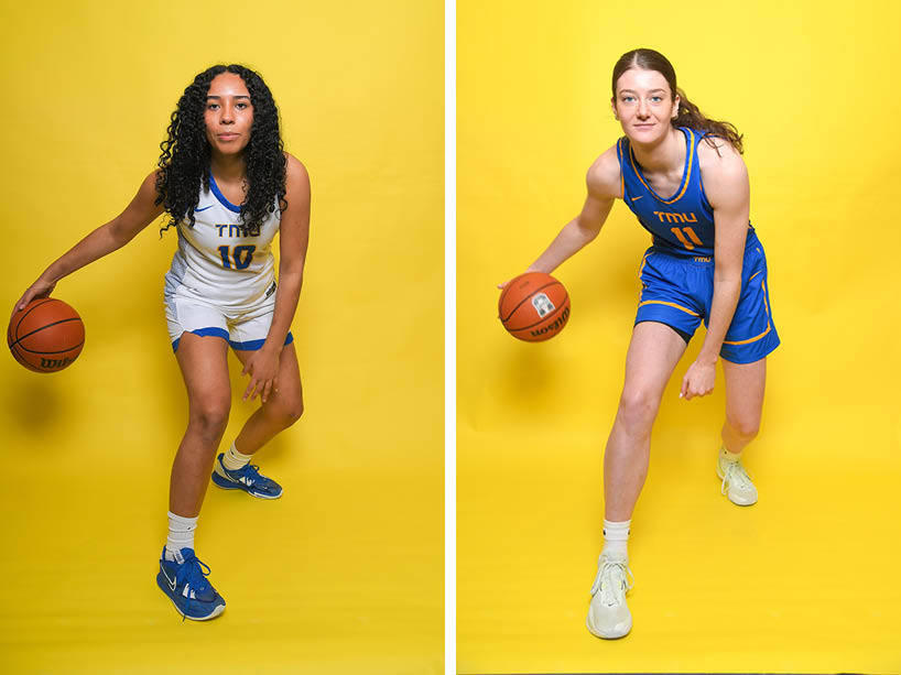 A composite photo of two women holding a basketball