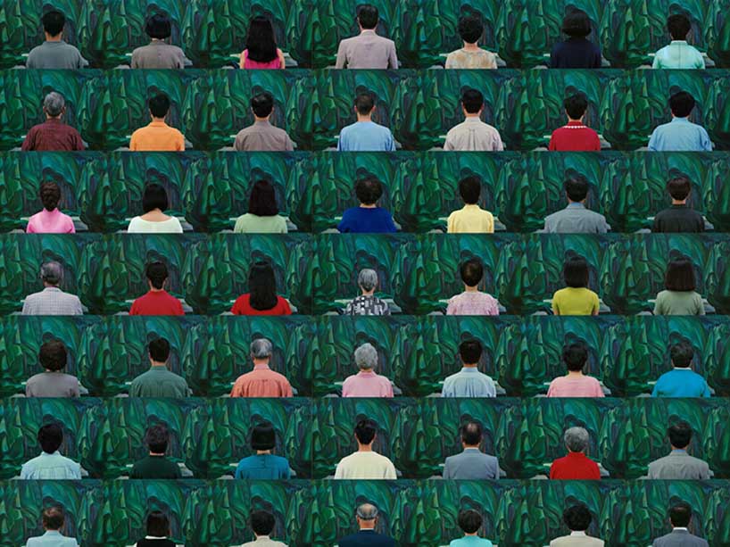 A composite photo of many different people whose backs are turned to the camera