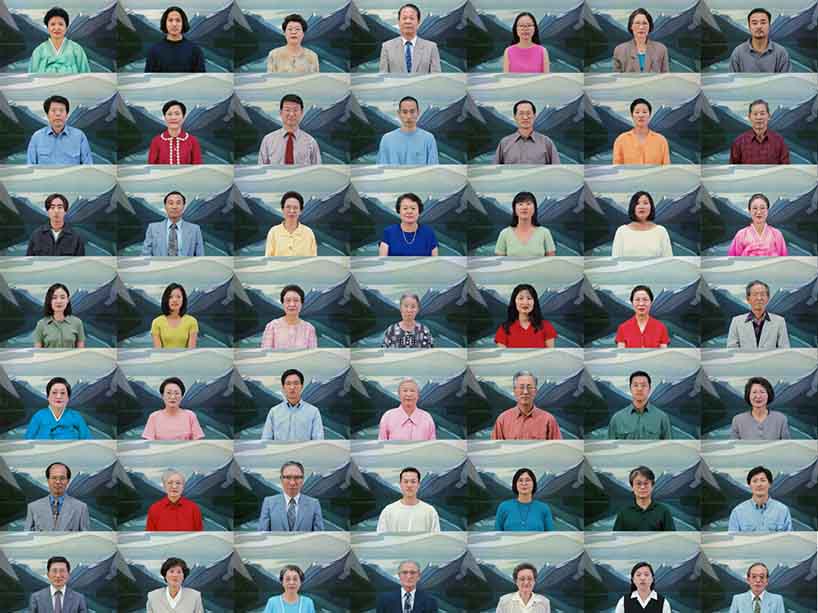 A composite photo of many people imposed on a scenic landscape painting