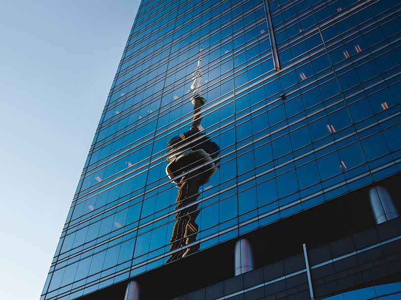 A reflection of the CN tower in a Toronto building. 