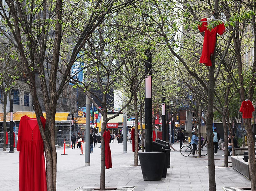 A row of trees with red dresses hanging in them.