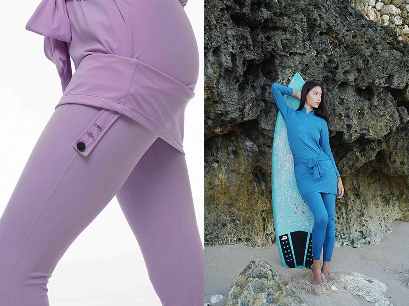 On the left, a close-up of a button fastener on a modest swimwear top, and on the right, a young woman in modest swimwear leans on a blue surfboard in the sand on a beach and in front of a wall of rock.