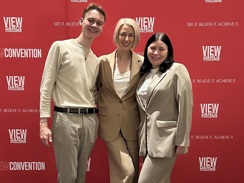 Creative Industries student Josh Hoven poses for a photo with the CEO of VIEW Dance Challenge and one of the show’s event planners.