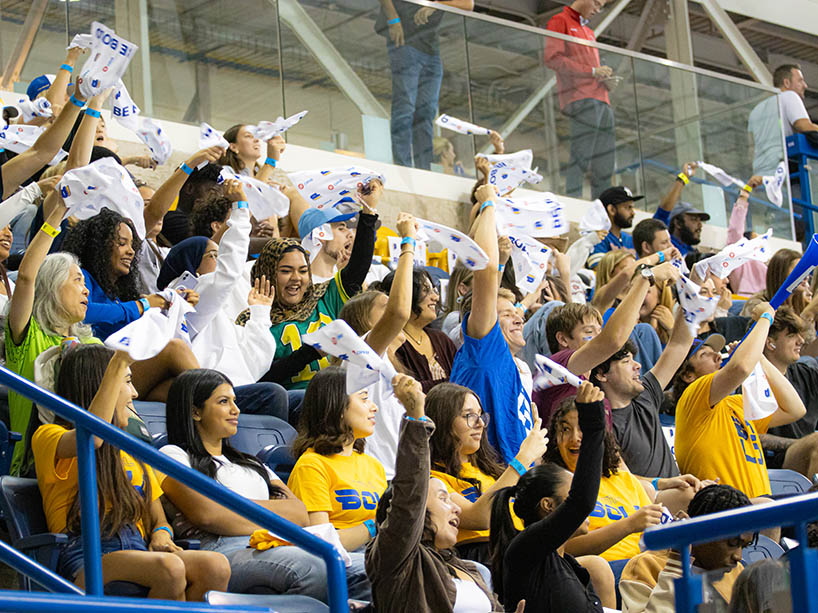 A group of people cheering in the stands. 