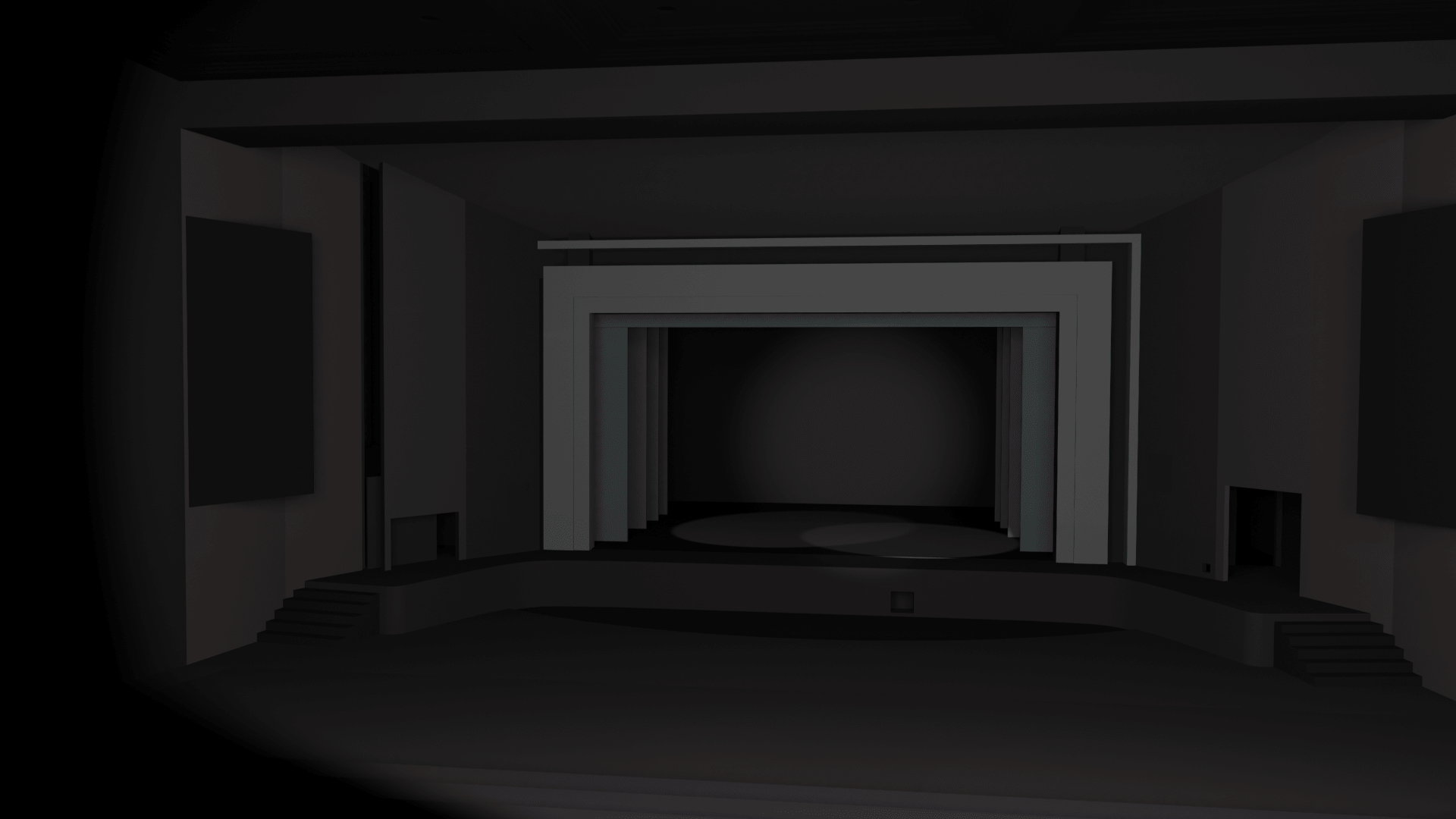 A dark rendering of the procenium stage at the Theatre at The Creative School