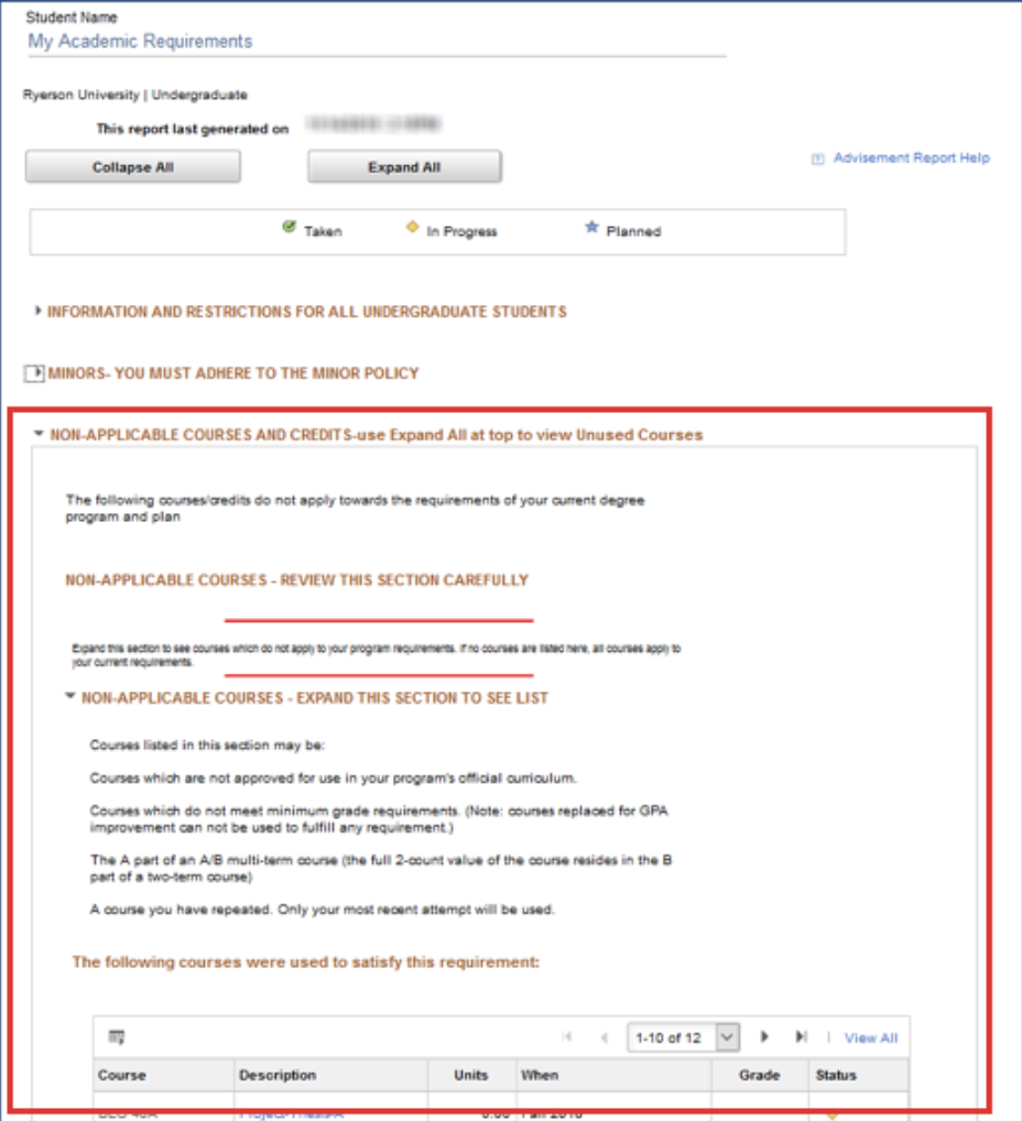 screenshot of the “non-applicable” section of the Academic Advisement Report