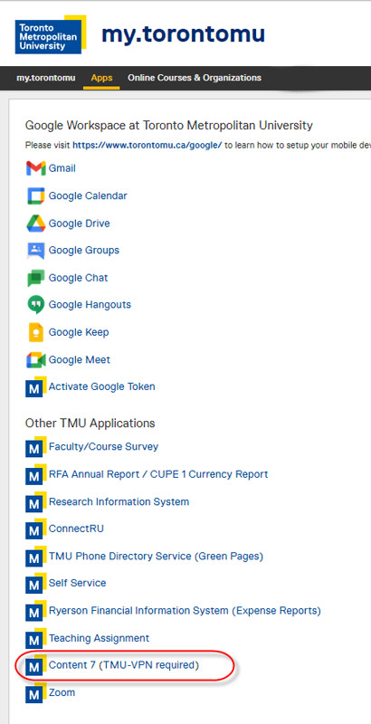 Content 7 listed under the Apps tab in my.torontomu.ca