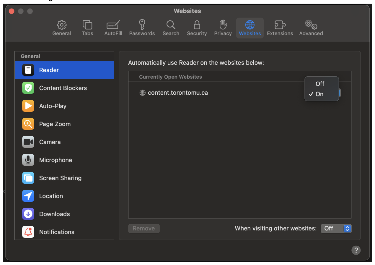 Websites tab in Preferences shows Reader is On for selected websites.