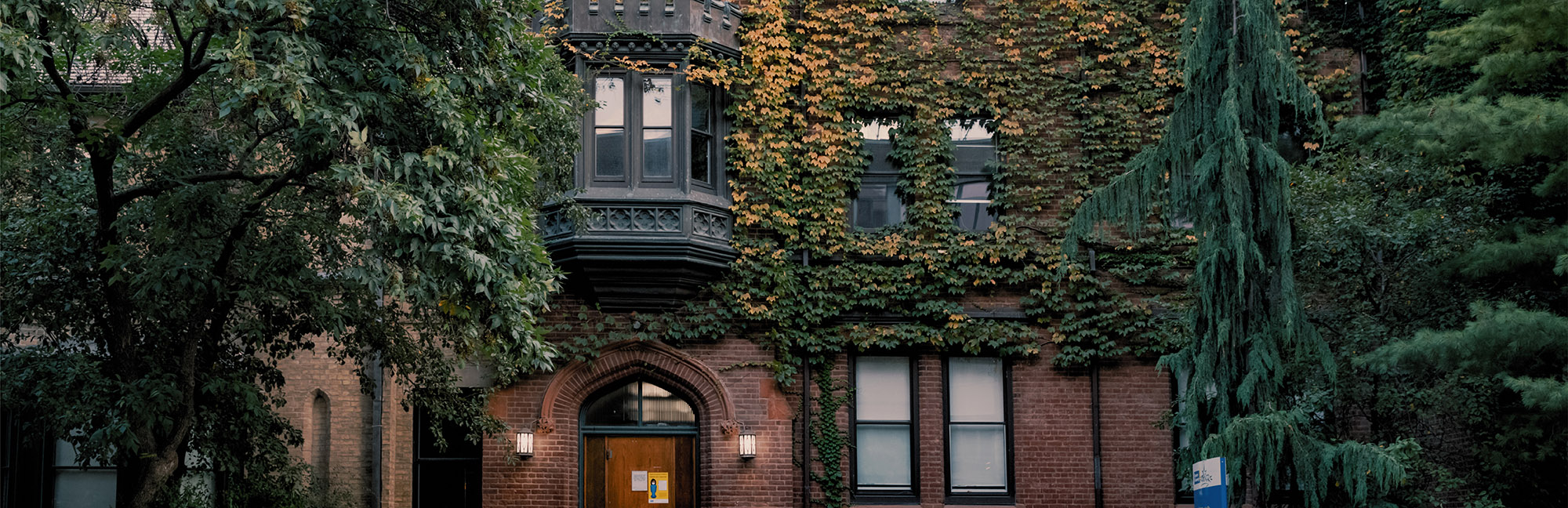 Ivy-covered brick building on TMU campus.