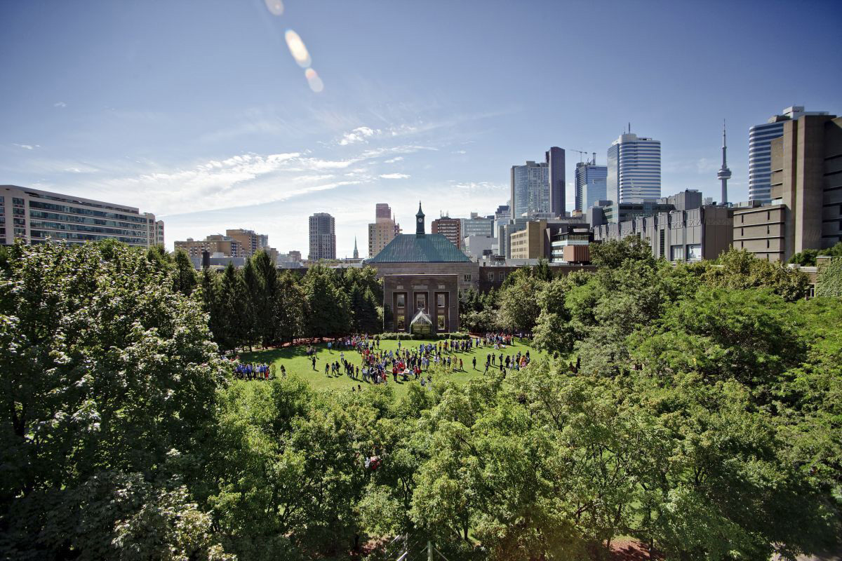 Aerial view of the Toronto Metropolitan University campus and downtown Toronto