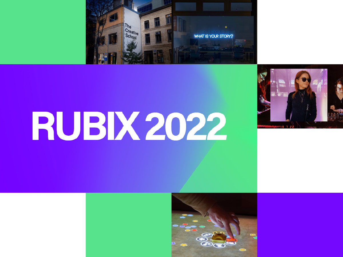 A collage of images, a woman DJ, the exterior of The Creative School and a left hand participating in an embodied interaction, around the RUBIX 2022 event logo on blue and green background.