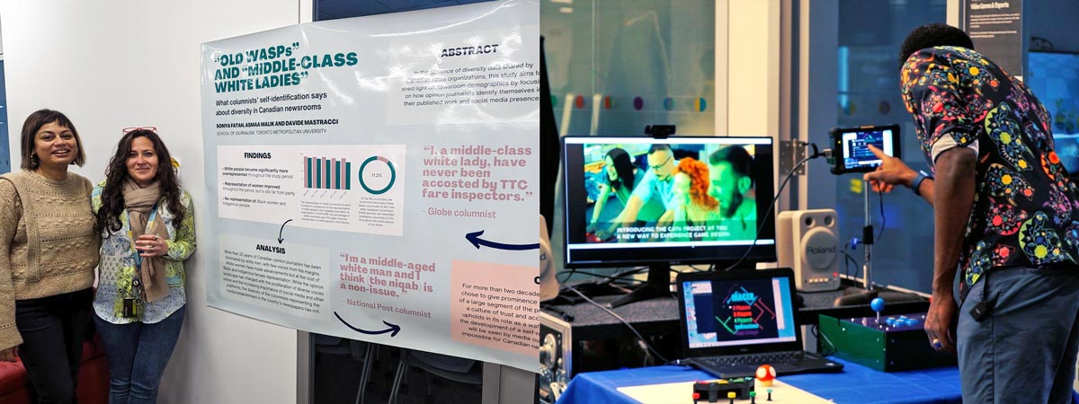 A split image shows two scenes. On the left, two women, professors Asmaa Malik and Sonya Fatah, stand beside a large poster detailing their research project “Old WASPS” and “middle-class white ladies.” On the right professor Kristopher Alexander points at a small screen that is part of a gaming set up that includes multiple computer screens and buttons and joysticks. 