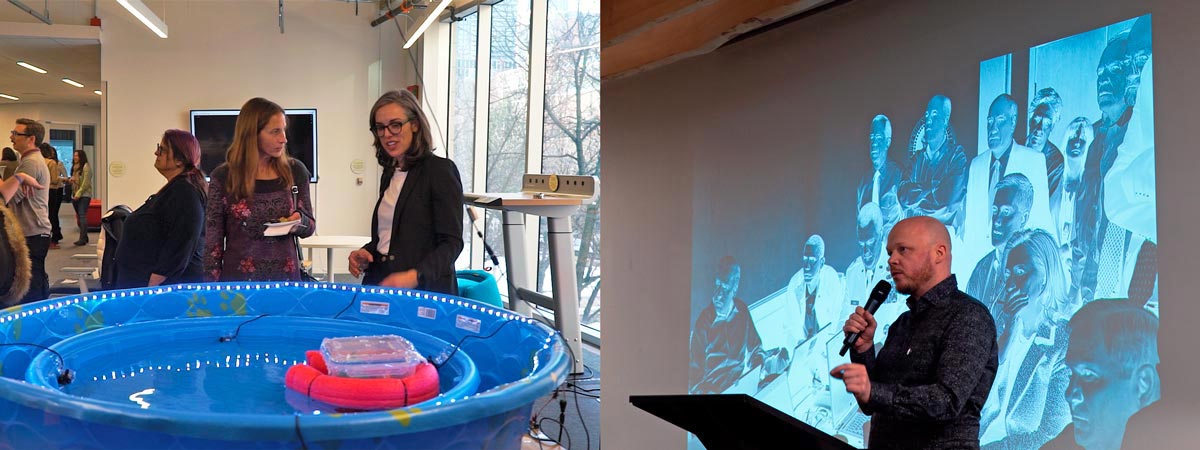 A split image shows two scenes. On the left, two women look at a drone that is encased in a plastic box with a red foam pool noodle keeping it afloat in a blue kiddie pool. On the right, professor Matt Jones stands with a mic in front of a projected slide showing tense people sitting and standing with computers. 