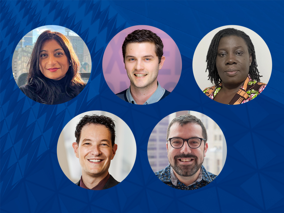  Individual headshots of professors Ian Young, M. Natasha Rajah, Costin Antonescu, Trevor Hart and Priscilla Boakye are overlaid against a blue background.