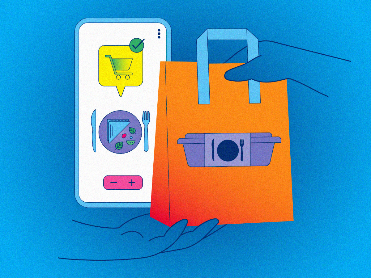 An illustrated graphic shows hands grasping an orange takeout bag in front of a cell phone screen showing a food delivery app. 