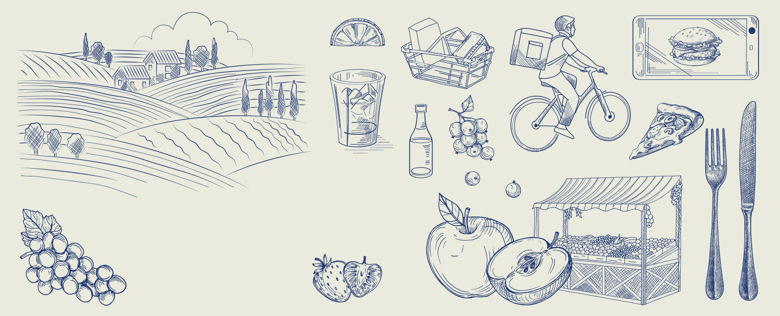 An illustration of various produce and food products as well as how they're grown, delivered, sold and served.