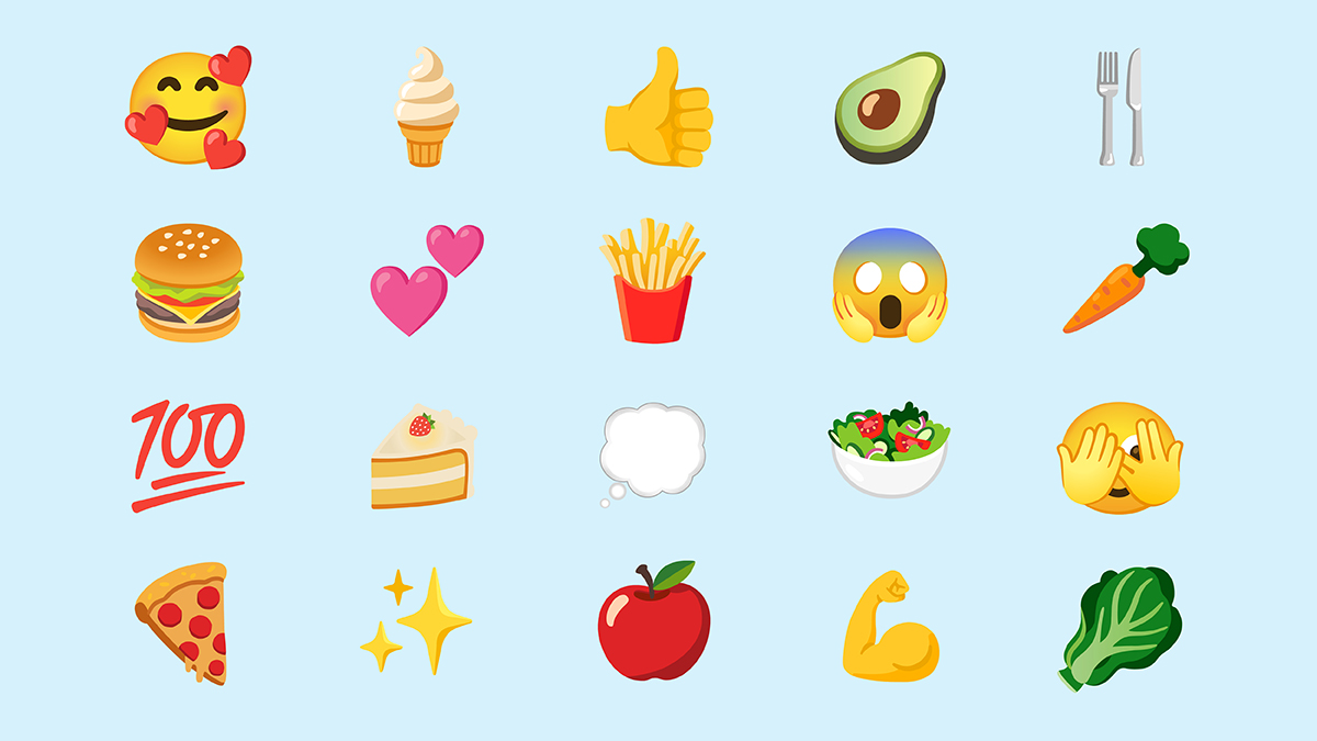 A graphic showing a collection of food and emotion emojis. 