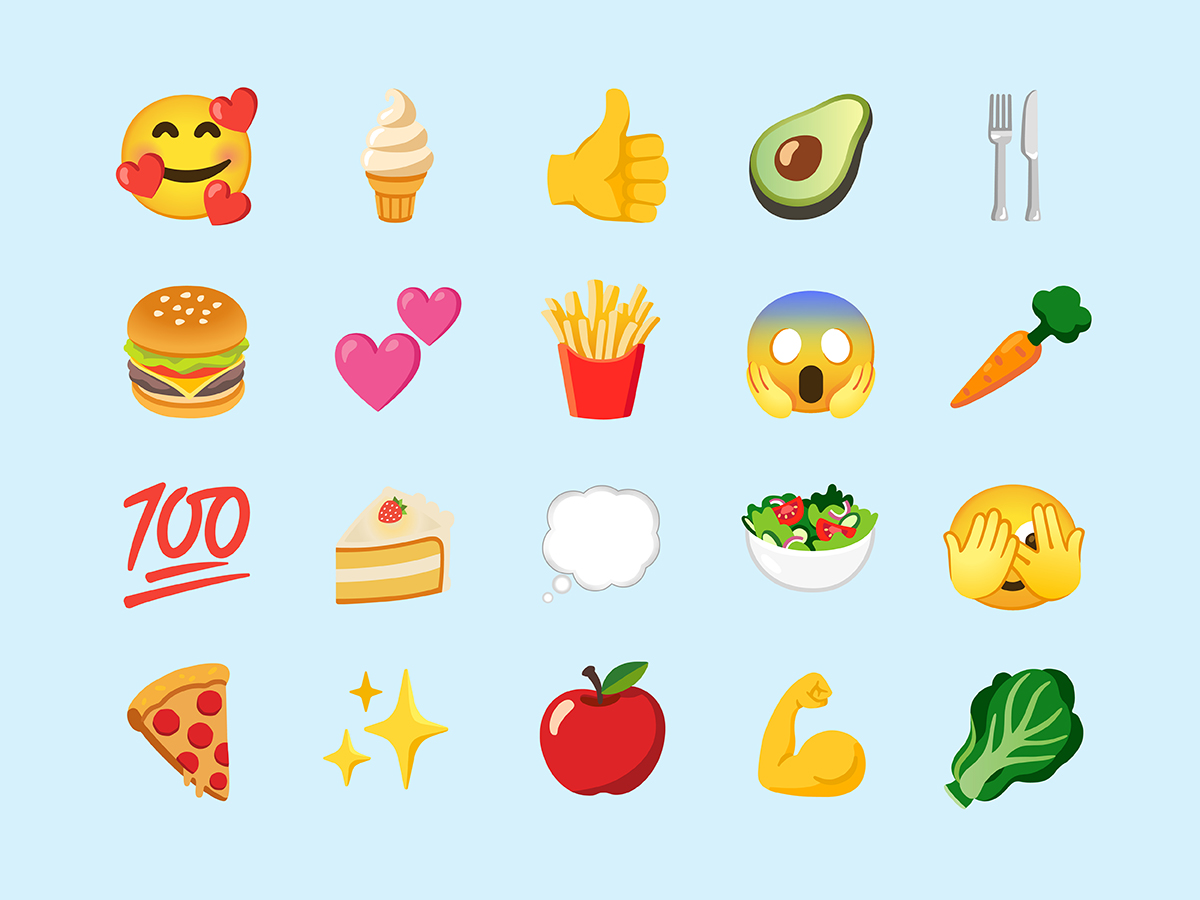 A graphic showing a collection of food and emotion emojis. 