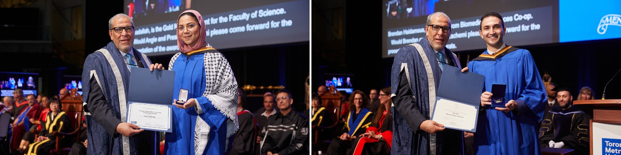 Two images of Faculty of Science award recipients standing beside President Lachemi at convocation