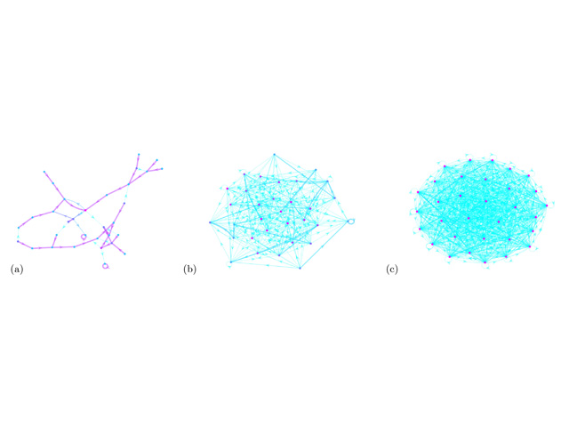 Three networks are shown, each with 32 nodes and directed edges. The far left has very few thick pink/purple lines connecting the nodes, the middle has a variety of thickness and colours connecting the nodes, and the far right has very thin lines and all 