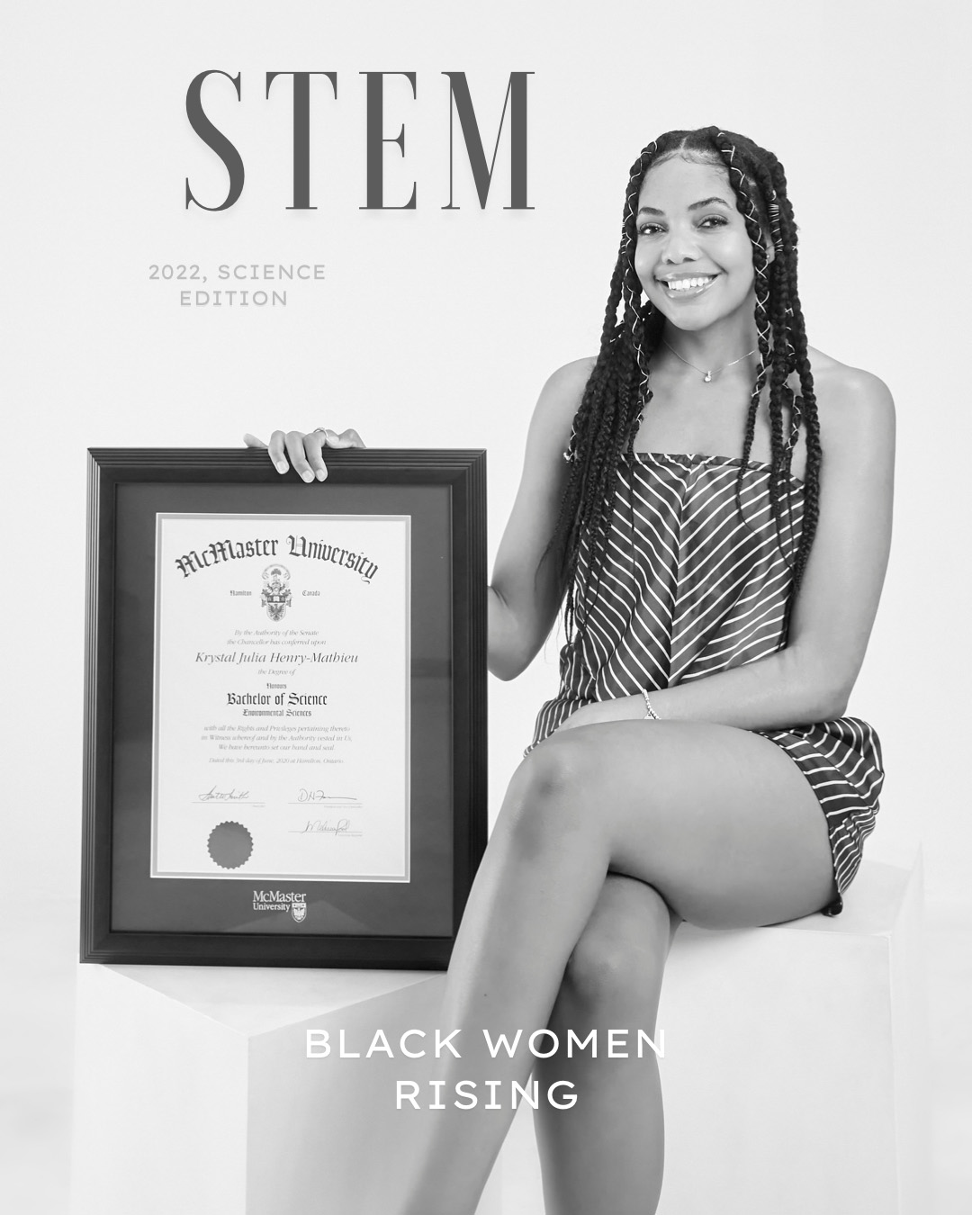 Krystal Henry-Mathieu sitting next to her Bachelor of Science degree on the cover of the first issue of STEM Mag.