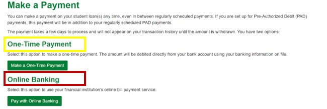 Make a Payment page of NSLSC account highlighting the One-Time Payment and Online Banking subsections