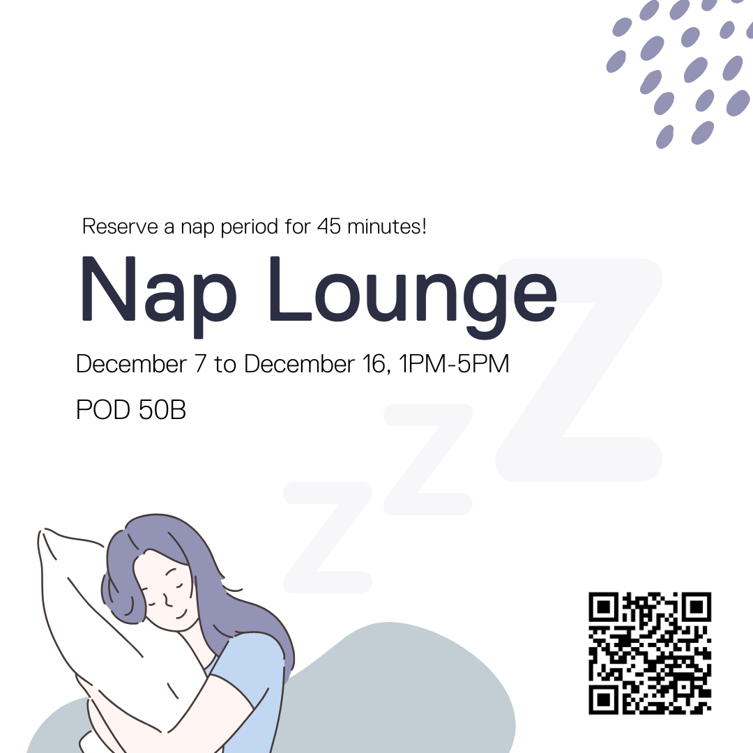 Drawing of lady sleeping on a pillow. Nap Lounge, December 7 to 16, 1:00PM to 5:00PM.