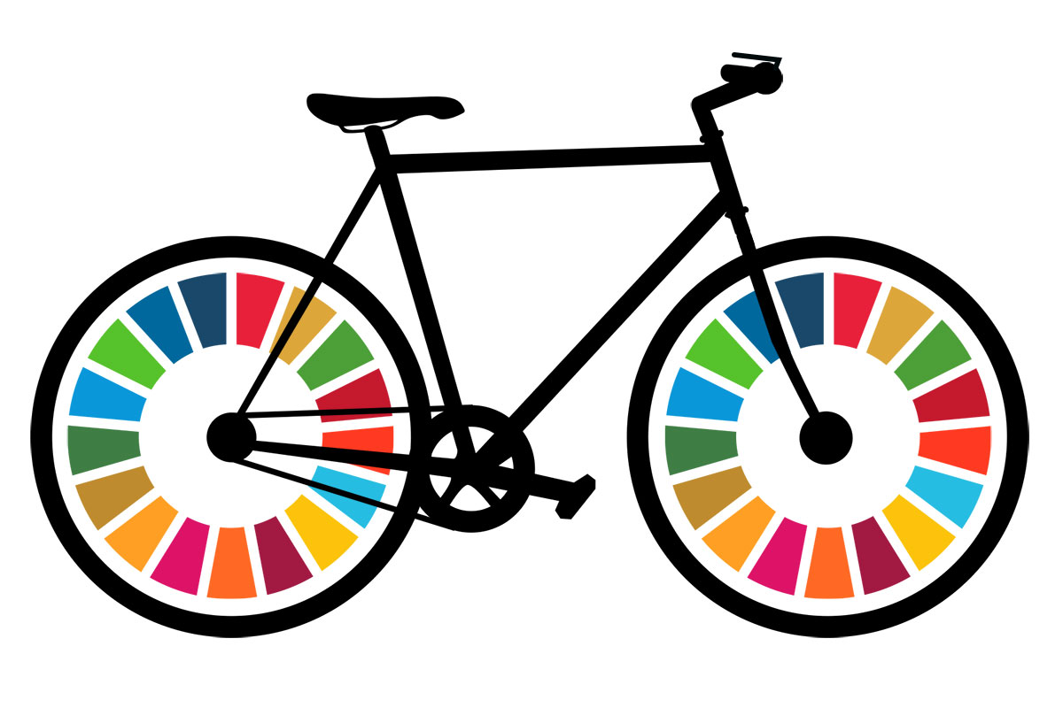 Illustration of a bicycle with the SDG colour wheel logo as its wheels.