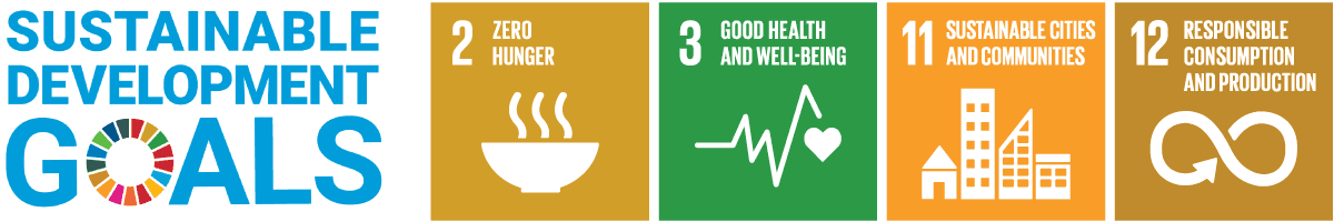 UN Sustainable Development Goals icons for zero hunger, good. health & well-being, sustainable cities & communities, responsible consumption & production.