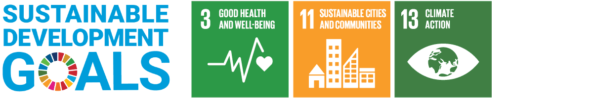 UN Sustainable Development Goals icons for good health & well-being, sustainable cities & communities, climate action.