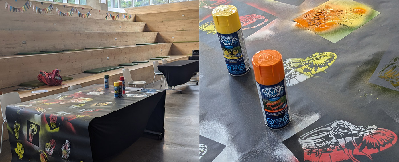 spray bottles on a table used while painting the Indigenous moccasins