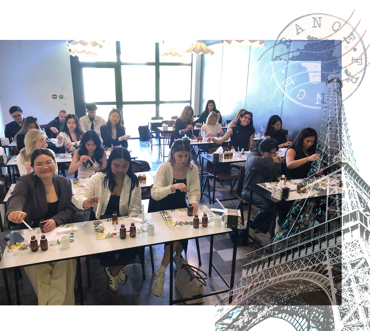 Students in classroom learning how to make perfume in France