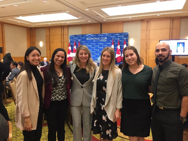 Katherine Lo, Natasha Francis, Minister Melanie Joly, Sarah Oliver, Liana Cook and Benjamin Claro