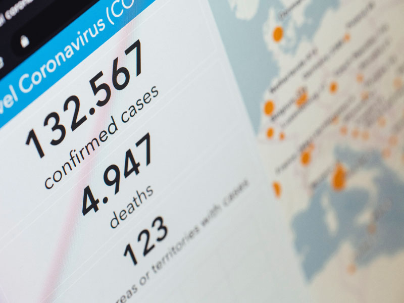 A map showing the number of covid cases and deaths