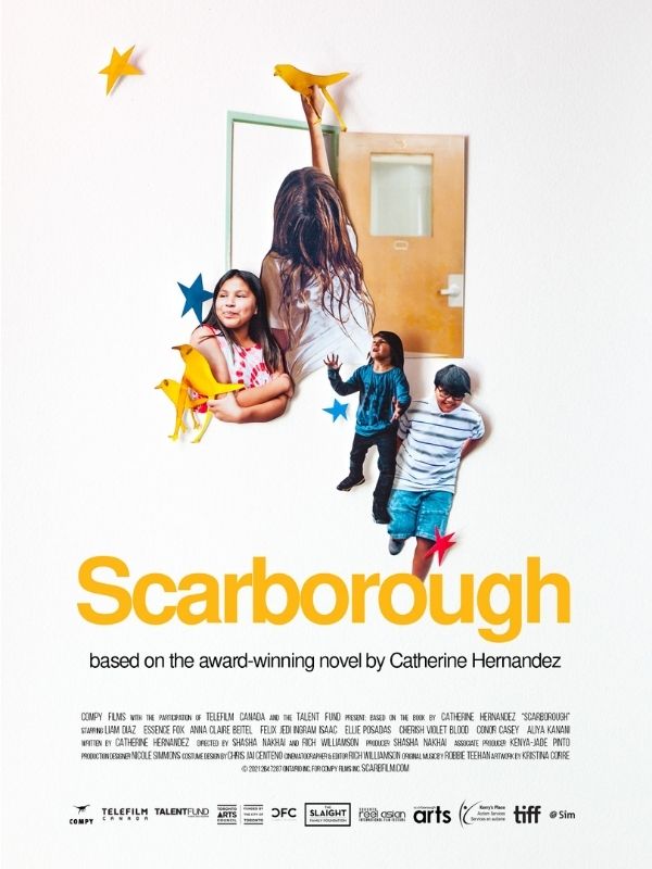 Movie poster with four kids pasted onto a white background with an open door in the background and the word ‘Scarborough’ in bright yellow text.