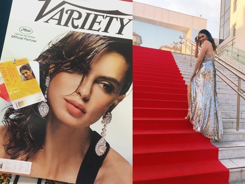 Two images: first image shows a woman's face on the cover of Variety magazine and Julianna's access pass. Second image shows the young woman in a silver sparkling gown walking up red carpeted stairs