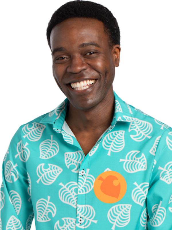 A man wearing a vibrant blue button-up smiles into the camera against a white background.