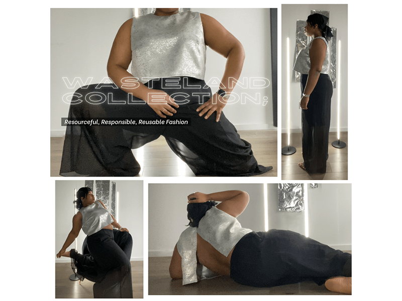 Collage of four images modeling the Upcycled Top and Organza Pants of the Wasteland Collection, a private section of Theodora’s Label. The top is silver and the pants are black. 