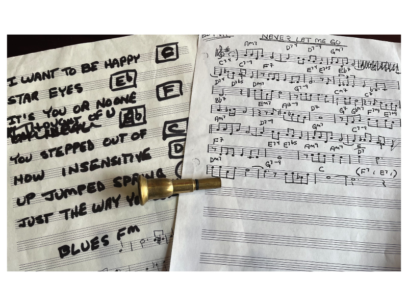 Order of Canada recipient and Juno Award-winning musician, composer, and legend Guido Basso's handwritten setlist, notation from one of his favorite tunes to play, and one of his personal mouthpieces provided to JAZZ.FM91 by his widow Kristin Basso. 