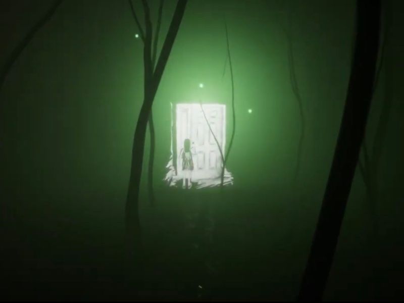  A screenshot of a video game with the silhouette of a woman walking through a brightly lit door