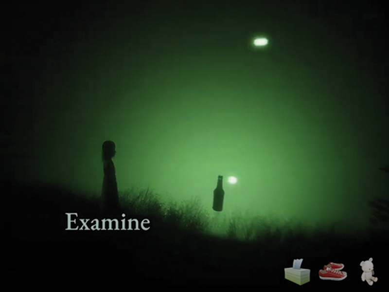  A screenshot of a video game with the silhouette of a woman and a bright green light walking through a dimly lit two-dimensional gamescape