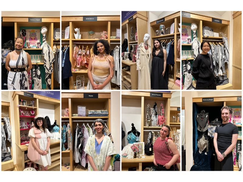Photo collage of all the collections by TMU designers at the INLAND popup. Each designer is posing in front of their respective collections.