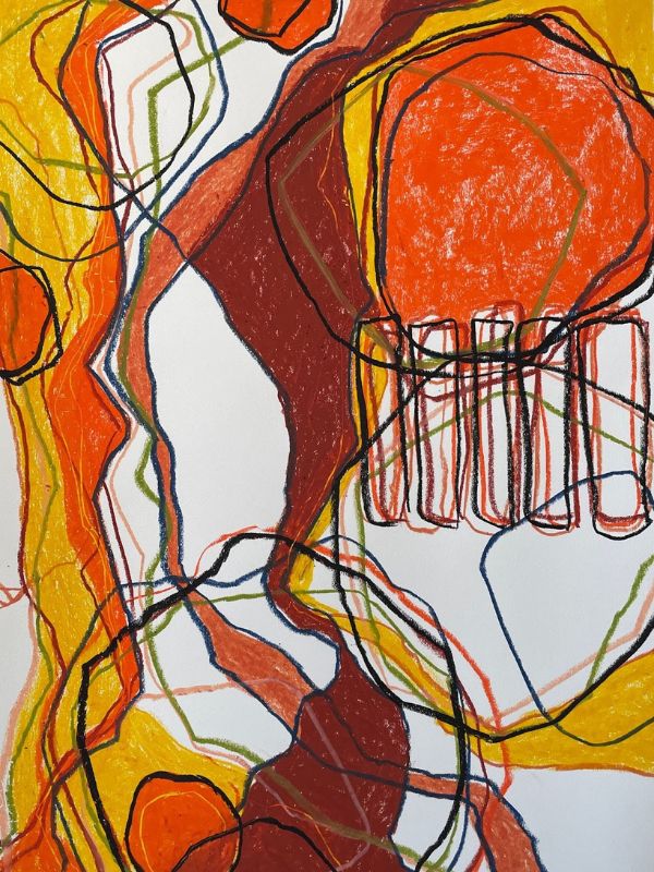 An oil pastel drawing featuring the natural colours yellow, red and burgundy and meandering shapes and lines reminiscent of nature